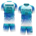 Maillot de football blanc à sublimation géométrique, uniforme personnalisé, triangle sarcelle Maillot de football blanc à sublimation géométrique, uniforme personnalisé, triangle sarcelle