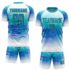 Maillot de football blanc à sublimation géométrique, uniforme personnalisé, triangle sarcelle