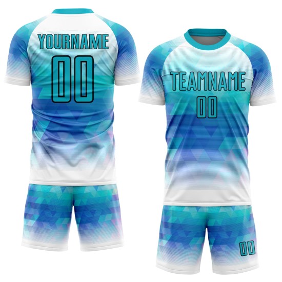 Maillot de football blanc à sublimation géométrique, uniforme personnalisé, triangle sarcelle Maillot de football blanc à sublimation géométrique, uniforme personnalisé, triangle sarcelle
