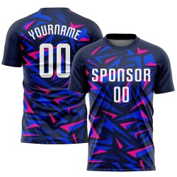 Maillot de football personnalisé bleu marine, sublimation, blanc et rose