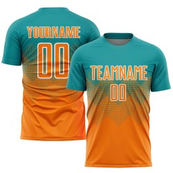 Maillot de football personnalisé à sublimation Bay, orange et blanc, bleu sarcelle