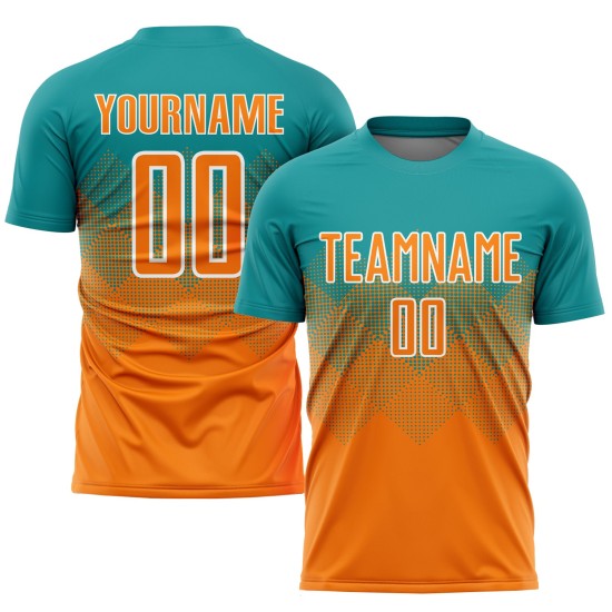 Maillot de football personnalisé à sublimation Bay, orange et blanc, bleu sarcelle Maillot de football personnalisé à sublimation Bay, orange et blanc, bleu sarcelle