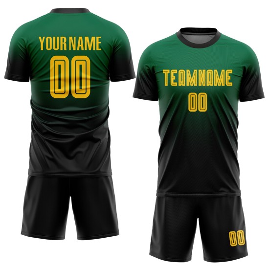 Maillot de football personnalisé Kelly Green Fade Fashion, uniforme doré et noir, sublimation Maillot de football personnalisé Kelly Green Fade Fashion, uniforme doré et noir, sublimation