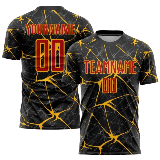 Maillot de football personnalisé par sublimation rouge et or, noir