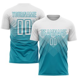 Maillot de football blanc personnalisé bleu sarcelle, uniforme de sublimation