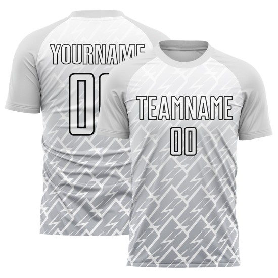 Maillot de football personnalisé Lightning gris-noir, maillot blanc, sublimation Maillot de football personnalisé Lightning gris-noir, maillot blanc, sublimation