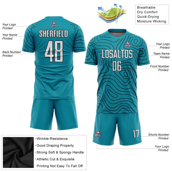 Maillot de football personnalisé par sublimation, uniforme blanc-noir, bleu sarcelle