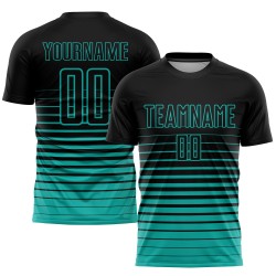 Maillot de football noir à rayures fines, personnalisé par sublimation, dégradé Aqua