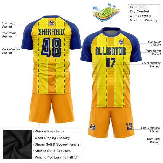 Maillot de football sublimé Royal-Orange Gold, uniforme personnalisé Maillot de football sublimé Royal-Orange Gold, uniforme personnalisé