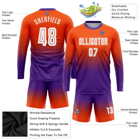 Maillot de football personnalisé à manches longues, dégradé blanc-violet, sublimation orange Maillot de football personnalisé à manches longues, dégradé blanc-violet, sublimation orange