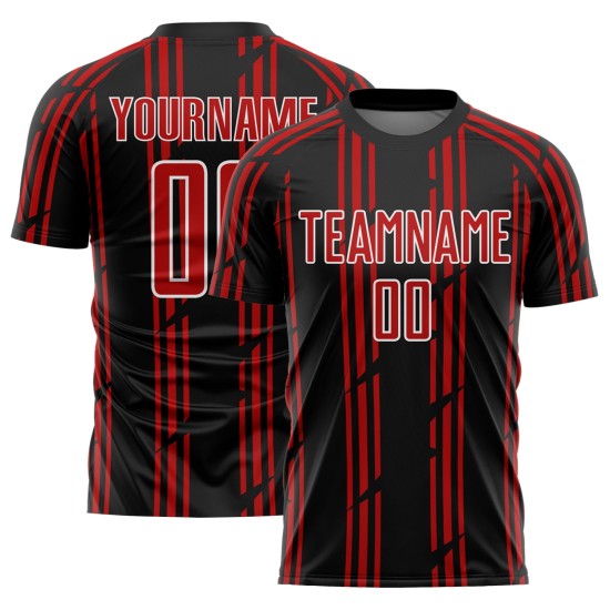 Maillot de football noir à rayures rouges et blanches, sublimation, personnalisé Maillot de football noir à rayures rouges et blanches, sublimation, personnalisé