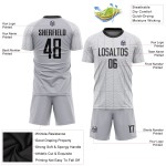 Maillot de football personnalisé gris, uniforme de sublimation noir et blanc