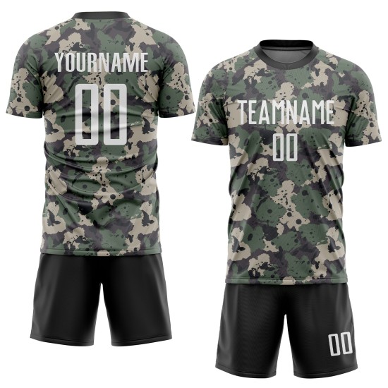Maillot de football camouflage uniforme personnalisé pour saluer le service, blanc et noir, sublimation Maillot de football camouflage uniforme personnalisé pour saluer le service, blanc et noir, sublimation