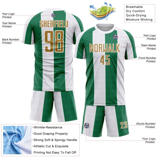 Maillot de football personnalisé vert, doré et blanc, sublimé, Kelly Maillot de football personnalisé vert, doré et blanc, sublimé, Kelly
