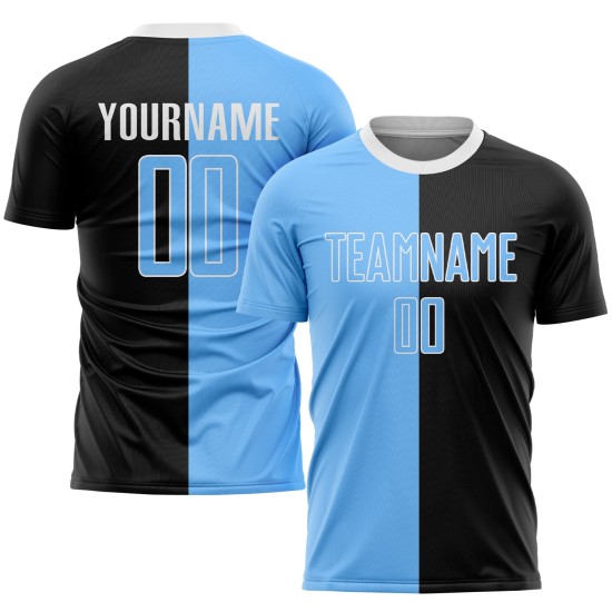 Maillot de football personnalisé, uniforme léger noir, mode fendue, sublimation, bleu et blanc Maillot de football personnalisé, uniforme léger noir, mode fendue, sublimation, bleu et blanc