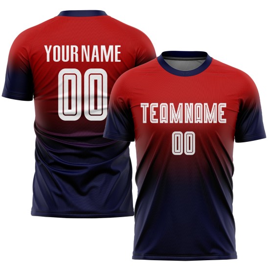 Maillot de football personnalisé à sublimation rouge, blanc et bleu marine Maillot de football personnalisé à sublimation rouge, blanc et bleu marine