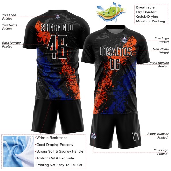 Maillot Orange-Royal Uniforme Splatter Art Soccer Dripping Personnalisé Sublimation Noir