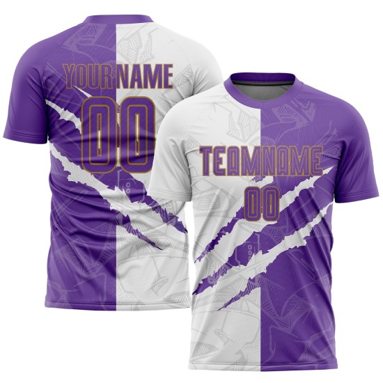 Maillot de football à rayures violet, motif personnalisé, blanc et ancien, sublimation, graffiti, doré Maillot de football à rayures violet, motif personnalisé, blanc et ancien, sublimation, graffiti, doré