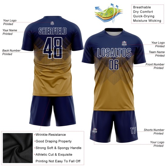 Maillot de football personnalisé bleu marine et blanc, sublimation dorée Maillot de football personnalisé bleu marine et blanc, sublimation dorée
