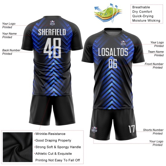 Maillot de football personnalisé à sublimation blanc-noir royal Maillot de football personnalisé à sublimation blanc-noir royal