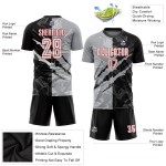 Maillot de football à rayures noir, uniforme personnalisé gris-rouge, sublimation, graffiti, blanc Maillot de football à rayures noir, uniforme personnalisé gris-rouge, sublimation, graffiti, blanc