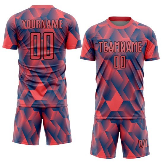 Maillot de football personnalisé à sublimation géométrique rouge et feu, formes noires Maillot de football personnalisé à sublimation géométrique rouge et feu, formes noires