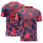 Maillot de football personnalisé à sublimation géométrique rouge et feu, formes noires Maillot de football personnalisé à sublimation géométrique rouge et feu, formes noires