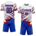 Maillot de football personnalisé Splash bleu-rouge blanc, fragment de sublimation, motif abstrait Thunder Maillot de football personnalisé Splash bleu-rouge blanc, fragment de sublimation, motif abstrait Thunder