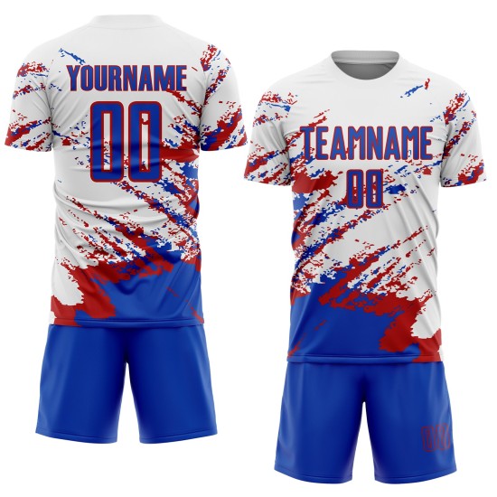 Maillot de football personnalisé Splash bleu-rouge blanc, fragment de sublimation, motif abstrait Thunder Maillot de football personnalisé Splash bleu-rouge blanc, fragment de sublimation, motif abstrait Thunder