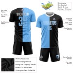 Maillot de football personnalisé, uniforme léger noir, mode fendue, sublimation, bleu et blanc Maillot de football personnalisé, uniforme léger noir, mode fendue, sublimation, bleu et blanc
