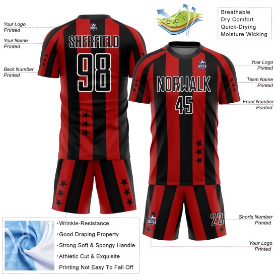 Maillot rouge des étoiles, uniforme de football à carreaux et sublimation personnalisée noir et blanc