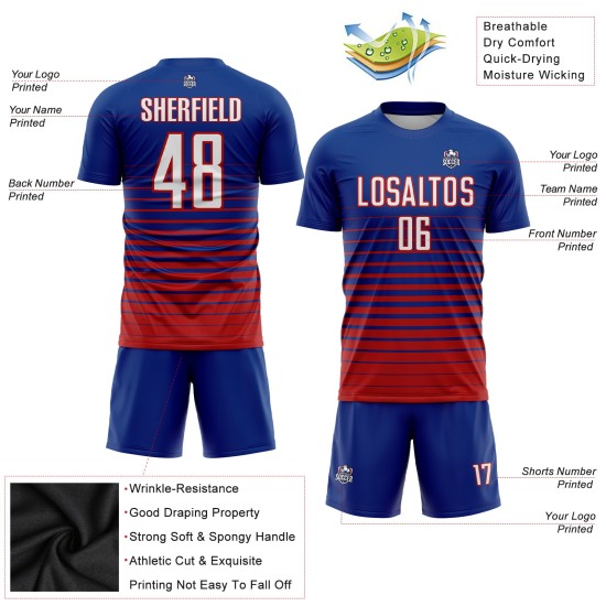 Maillot de football personnalisé à rayures fines, sublimation, blanc et rouge Maillot de football personnalisé à rayures fines, sublimation, blanc et rouge