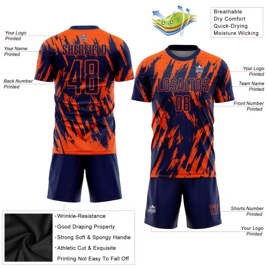 Maillot de football personnalisé orange, uniforme de sublimation bleu marine Maillot de football personnalisé orange, uniforme de sublimation bleu marine