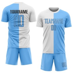 Maillot de football personnalisé bleu-noir, uniforme de mode, blanc clair, sublimation fendue Maillot de football personnalisé bleu-noir, uniforme de mode, blanc clair, sublimation fendue