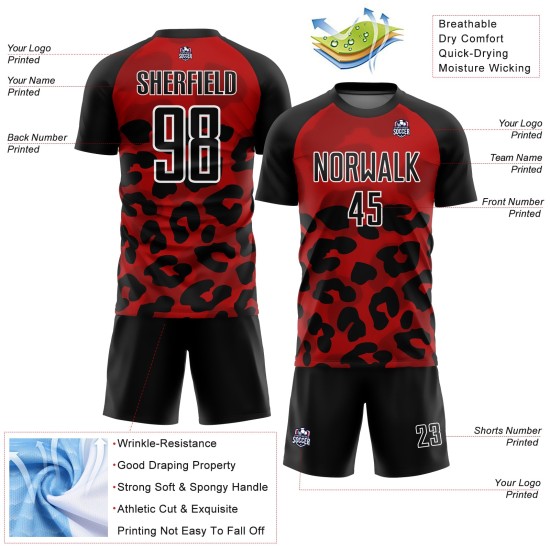 Maillot de football personnalisé avec sublimation, motif animal noir et blanc rouge Maillot de football personnalisé avec sublimation, motif animal noir et blanc rouge