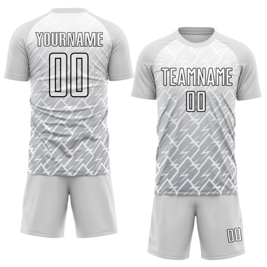 Maillot de football personnalisé Lightning gris-noir, maillot blanc, sublimation Maillot de football personnalisé Lightning gris-noir, maillot blanc, sublimation