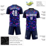 Maillot de football personnalisé bleu marine, sublimation, blanc et rose Maillot de football personnalisé bleu marine, sublimation, blanc et rose