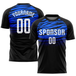 Maillot de football personnalisé à sublimation noir, blanc et bleu royal