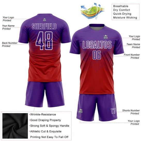 Maillot de football personnalisé violet et blanc à sublimation rouge Maillot de football personnalisé violet et blanc à sublimation rouge