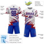 Maillot de football personnalisé Splash bleu-rouge blanc, fragment de sublimation, motif abstrait Thunder Maillot de football personnalisé Splash bleu-rouge blanc, fragment de sublimation, motif abstrait Thunder
