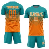 Maillot de football personnalisé à sublimation Bay, orange et blanc, bleu sarcelle Maillot de football personnalisé à sublimation Bay, orange et blanc, bleu sarcelle