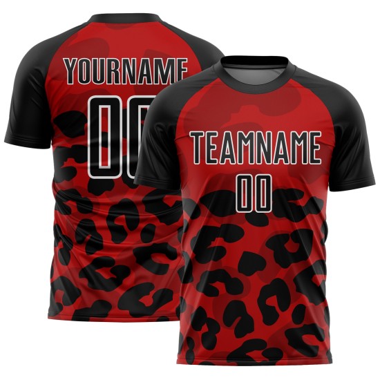 Maillot de football personnalisé avec sublimation, motif animal noir et blanc rouge Maillot de football personnalisé avec sublimation, motif animal noir et blanc rouge