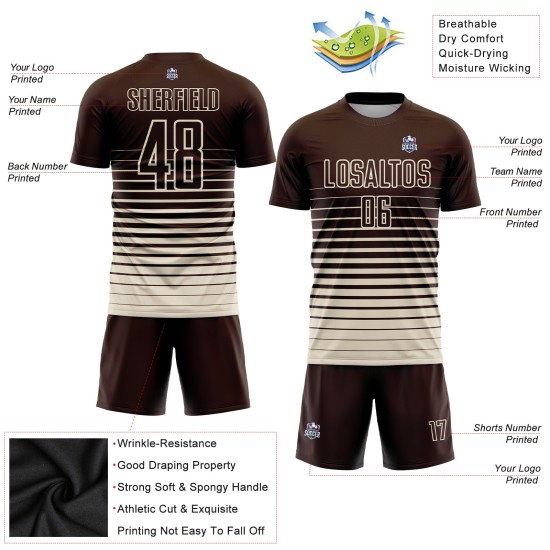 Maillot de football personnalisé à rayures fines, couleur crème, marron, par sublimation