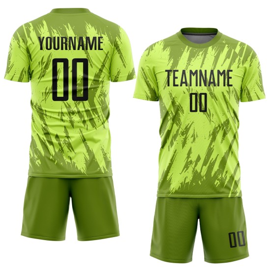 Maillot de football personnalisé par sublimation vert noir et olive, uniforme néon Maillot de football personnalisé par sublimation vert noir et olive, uniforme néon