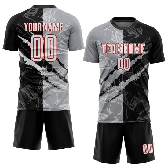 Maillot de football à rayures noir, uniforme personnalisé gris-rouge, sublimation, graffiti, blanc Maillot de football à rayures noir, uniforme personnalisé gris-rouge, sublimation, graffiti, blanc